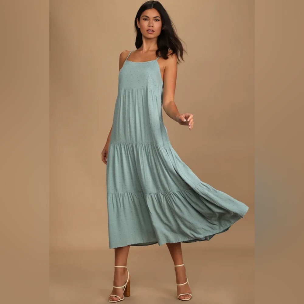 Lulus Flowy Feelings Blue Swiss Dot Tiered Midi Dress